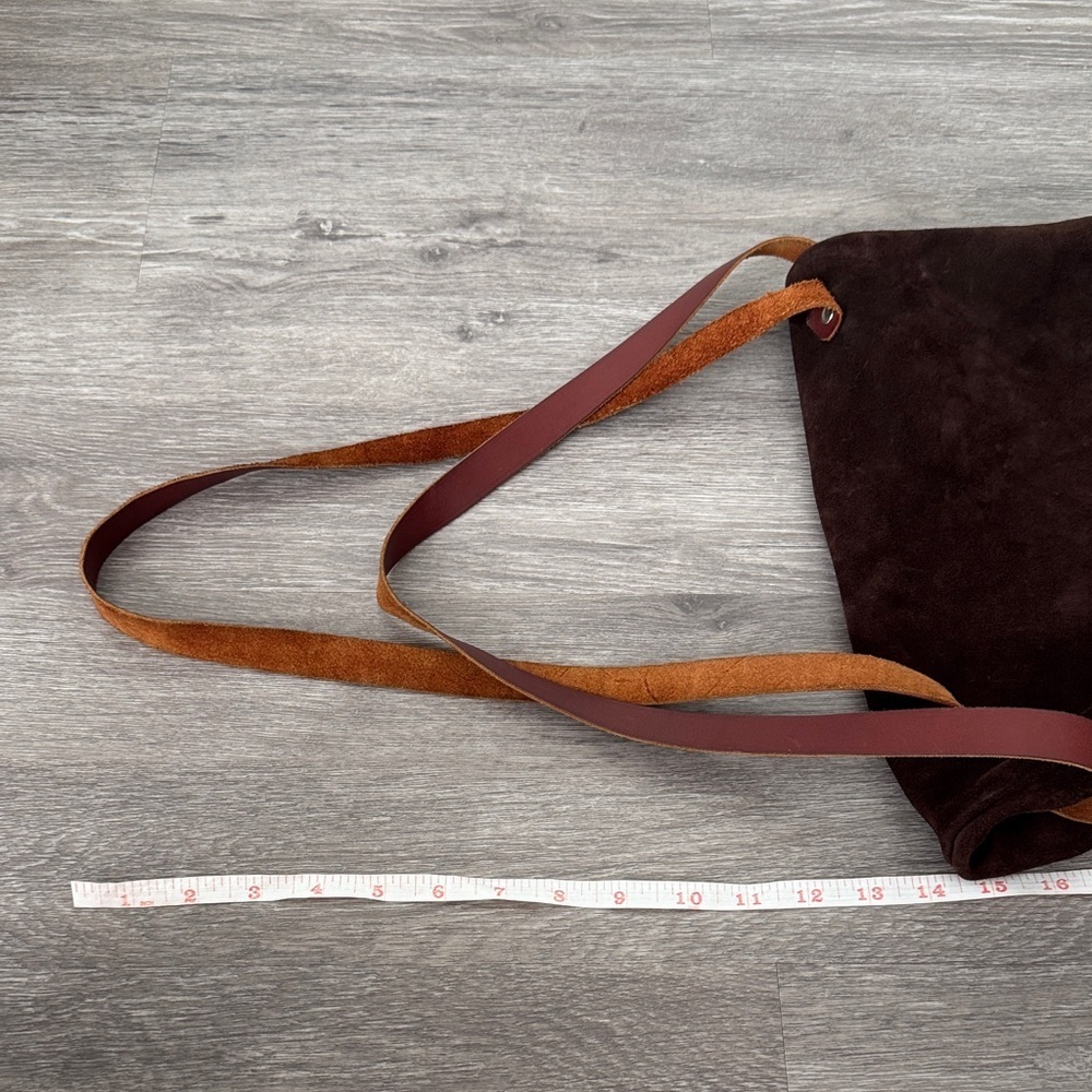 Handmade Suede and Leather Brown and Burgundy Fold Over Slouchy Bucket Bag - Picture 13 of 14